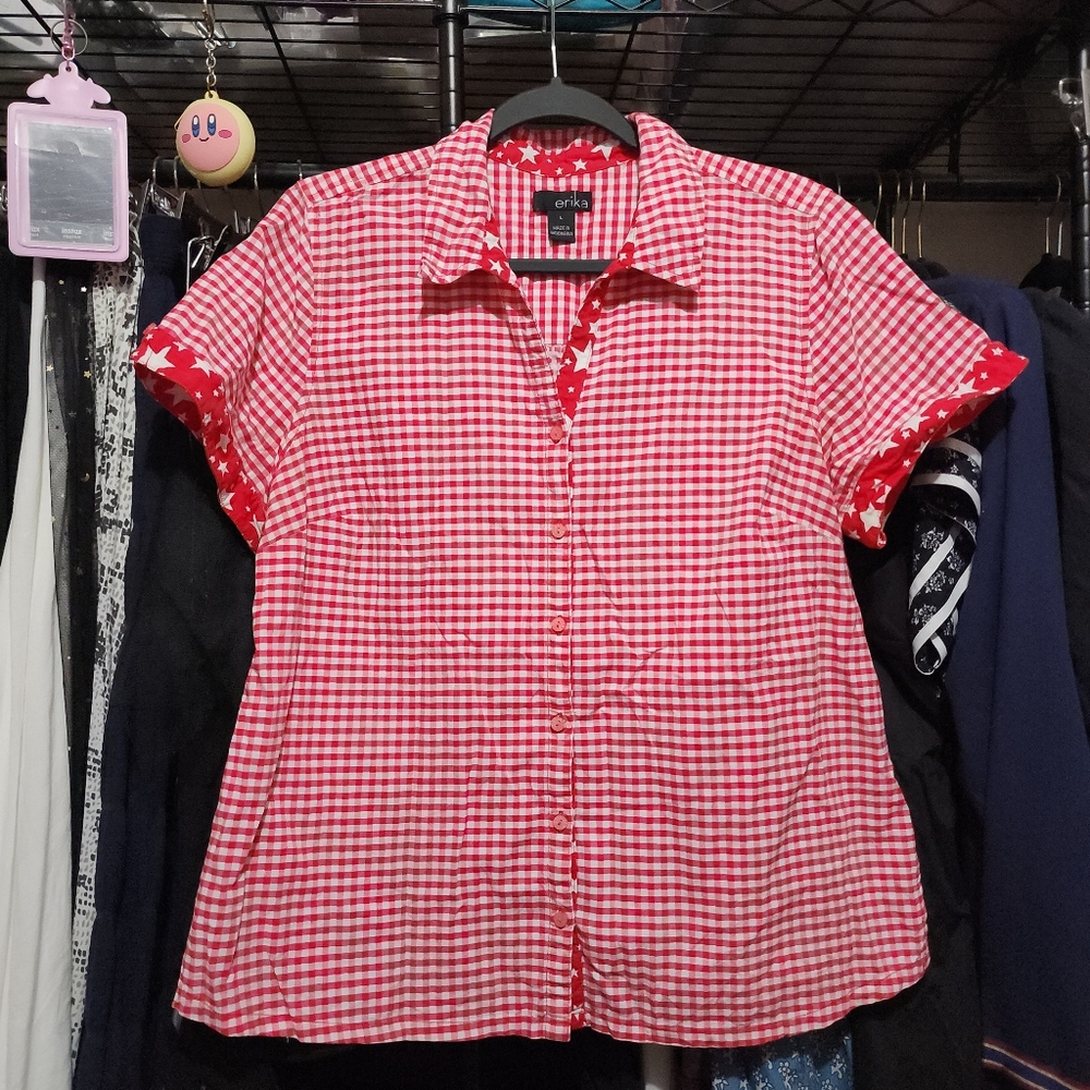 Vintage Y2K Gingham Checkered red Stars button down short sleeve Top Large